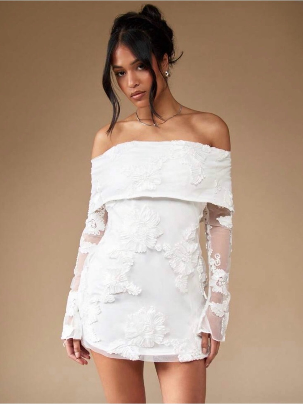White Off-Shoulder Lace Dress- graduation, bridal shower, rehearsal, reception - Picture 3 of 6